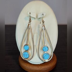 Turquoise Teardrop Dangle Earrings Gold Tone Boho Southwestern Style